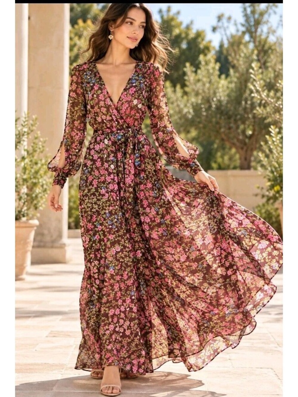 Spy Zone Exchange Boho Floral Maxi Dress Size S split/cut-out on Sleeves NEW #C